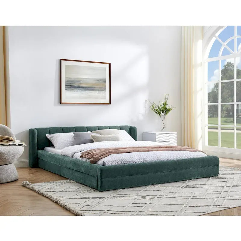 Chenille Fabric Grounded Bed, Thick Fabric Upholstered Bedframe Queen Size Low Wingback Bed with Solid Wood Slat Support Frame