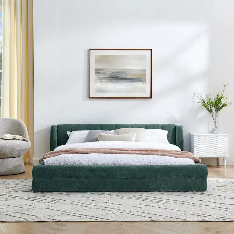 Chenille Fabric Grounded Bed, Thick Fabric Upholstered Bedframe Queen Size Low Wingback Bed with Solid Wood Slat Support Frame