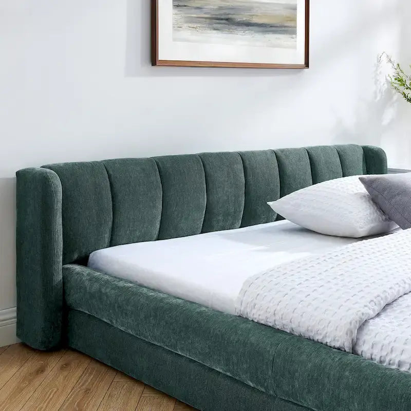 Chenille Fabric Grounded Bed, Thick Fabric Upholstered Bedframe Queen Size Low Wingback Bed with Solid Wood Slat Support Frame