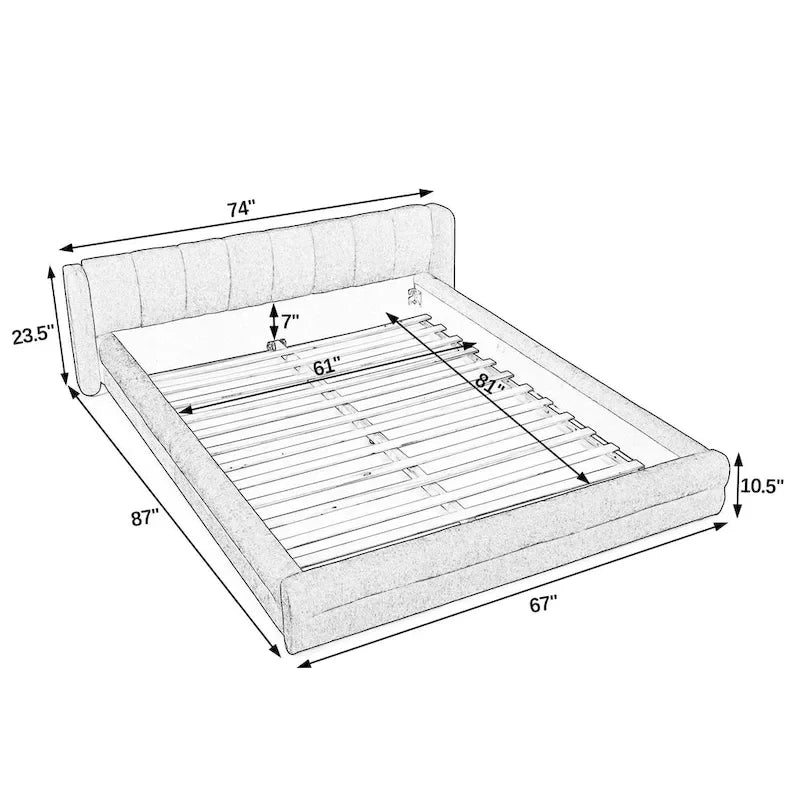 Chenille Fabric Grounded Bed, Thick Fabric Upholstered Bedframe Queen Size Low Wingback Bed with Solid Wood Slat Support Frame