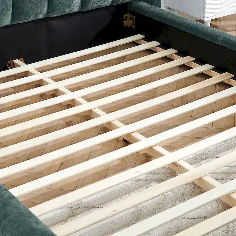Chenille Fabric Grounded Bed, Thick Fabric Upholstered Bedframe Queen Size Low Wingback Bed with Solid Wood Slat Support Frame