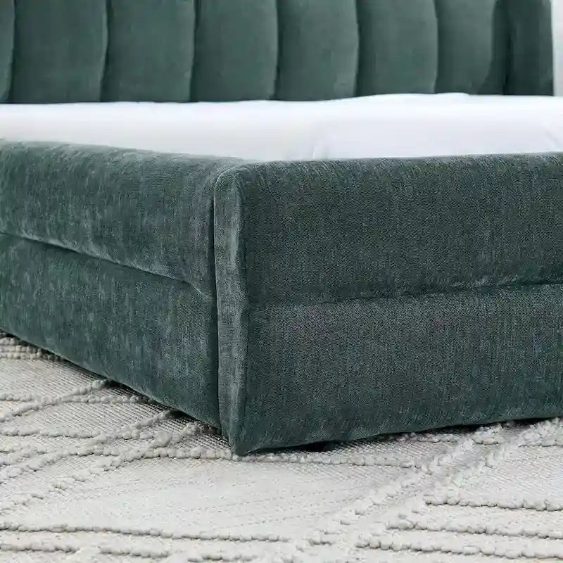 Chenille Fabric Grounded Bed, Thick Fabric Upholstered Bedframe Queen Size Low Wingback Bed with Solid Wood Slat Support Frame