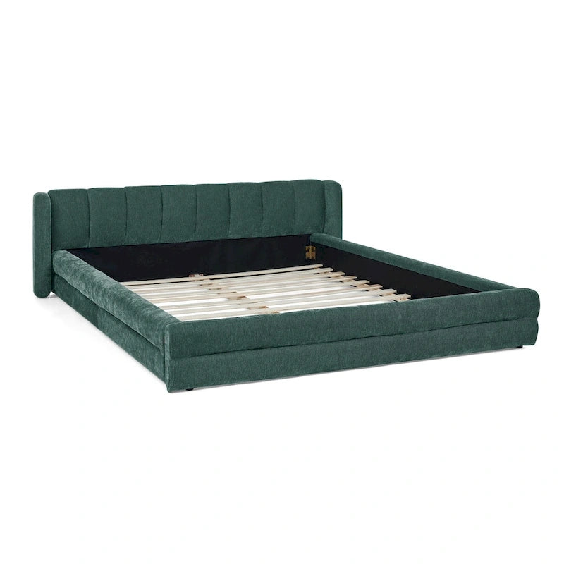 Chenille Fabric Grounded Bed, Thick Fabric Upholstered Bedframe Queen Size Low Wingback Bed with Solid Wood Slat Support Frame