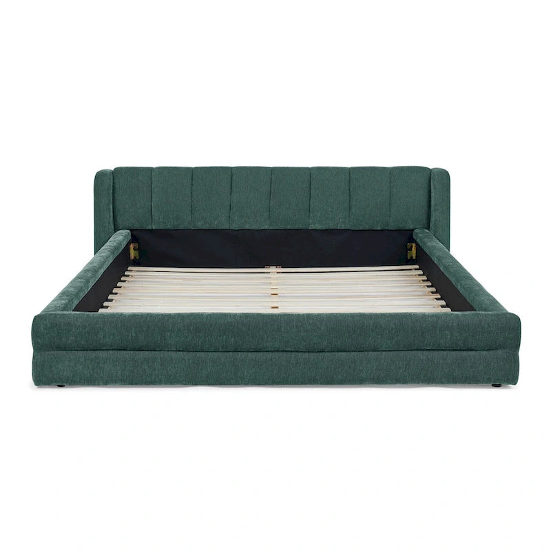 Chenille Fabric Grounded Bed, Thick Fabric Upholstered Bedframe Queen Size Low Wingback Bed with Solid Wood Slat Support Frame