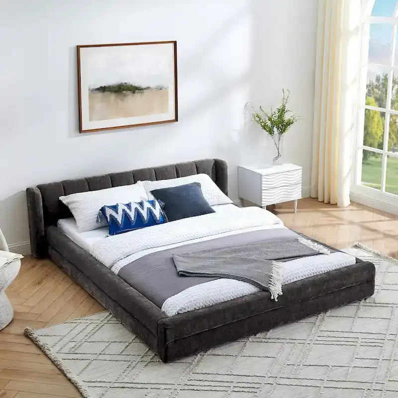Chenille Fabric Grounded Bed, Thick Fabric Upholstered Bedframe Queen Size Low Wingback Bed with Solid Wood Slat Support Frame