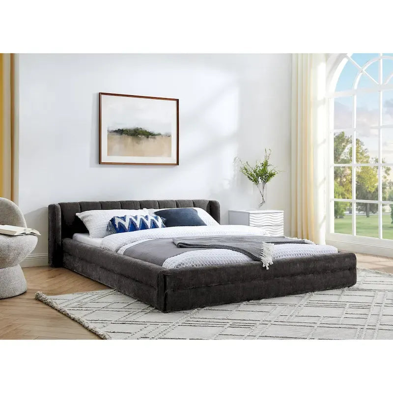 Chenille Fabric Grounded Bed, Thick Fabric Upholstered Bedframe Queen Size Low Wingback Bed with Solid Wood Slat Support Frame