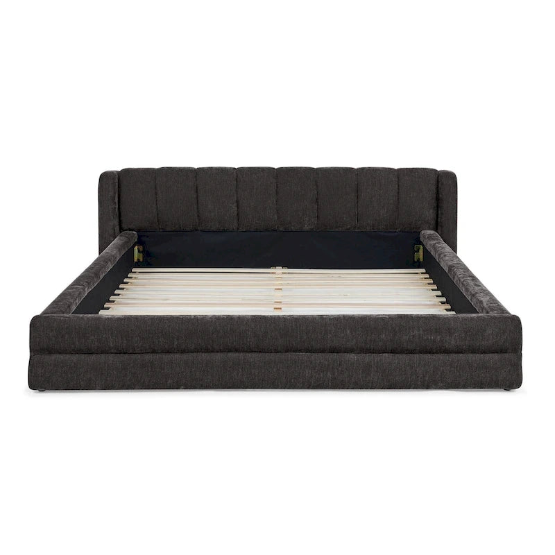 Chenille Fabric Grounded Bed, Thick Fabric Upholstered Bedframe Queen Size Low Wingback Bed with Solid Wood Slat Support Frame