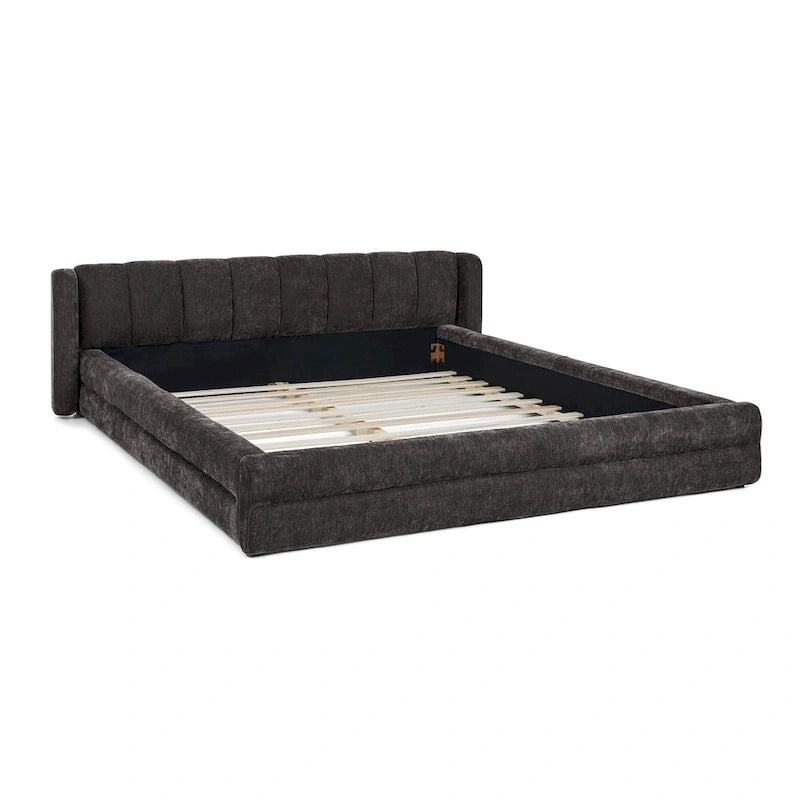 Chenille Fabric Grounded Bed, Thick Fabric Upholstered Bedframe Queen Size Low Wingback Bed with Solid Wood Slat Support Frame