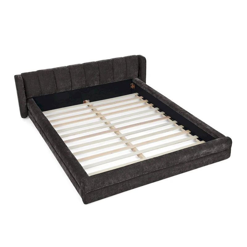 Chenille Fabric Grounded Bed, Thick Fabric Upholstered Bedframe Queen Size Low Wingback Bed with Solid Wood Slat Support Frame