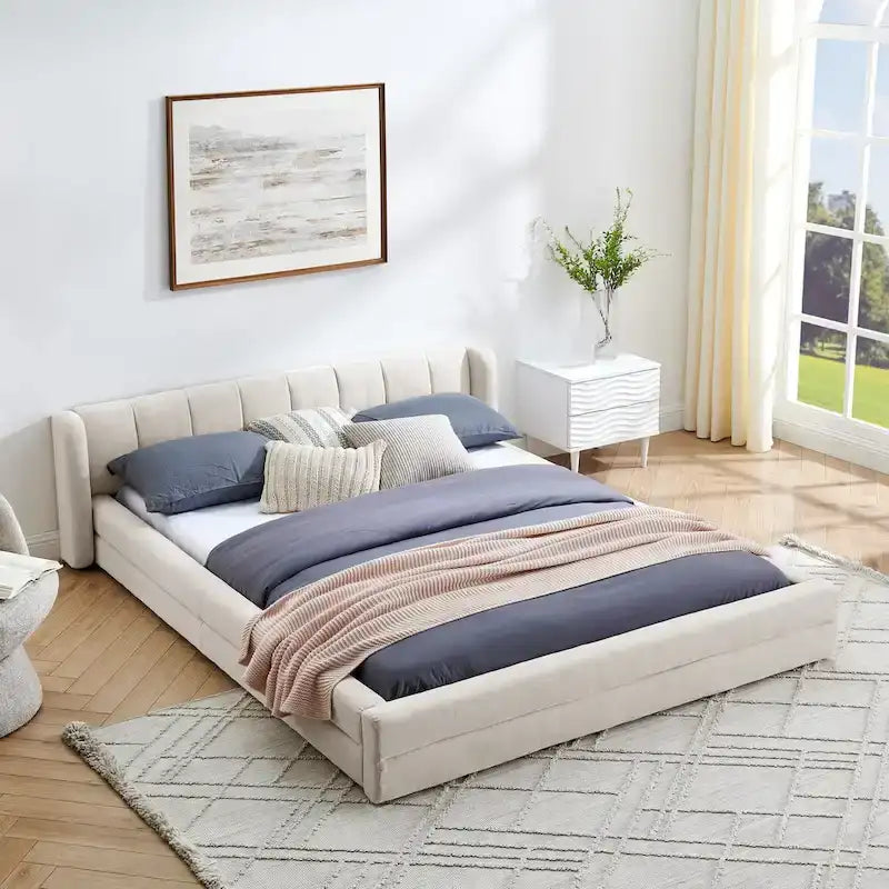Chenille Fabric Grounded Bed, Thick Fabric Upholstered Bedframe Queen Size Low Wingback Bed with Solid Wood Slat Support Frame