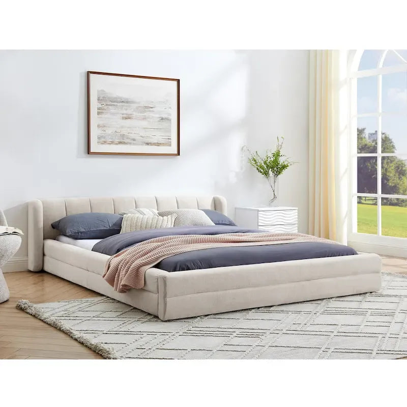 Chenille Fabric Grounded Bed, Thick Fabric Upholstered Bedframe Queen Size Low Wingback Bed with Solid Wood Slat Support Frame
