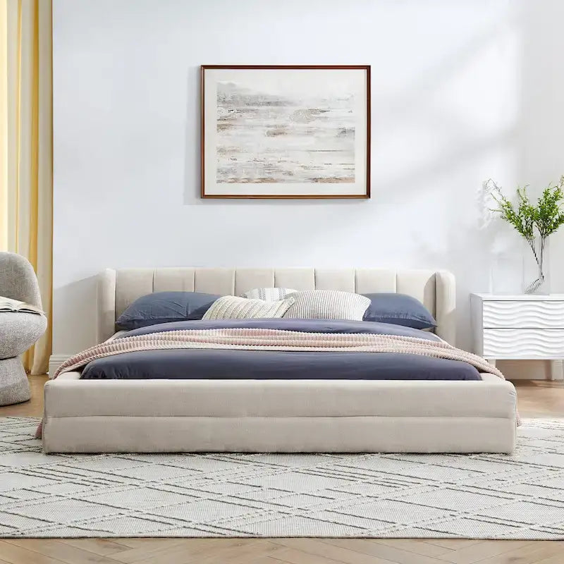 Chenille Fabric Grounded Bed, Thick Fabric Upholstered Bedframe Queen Size Low Wingback Bed with Solid Wood Slat Support Frame