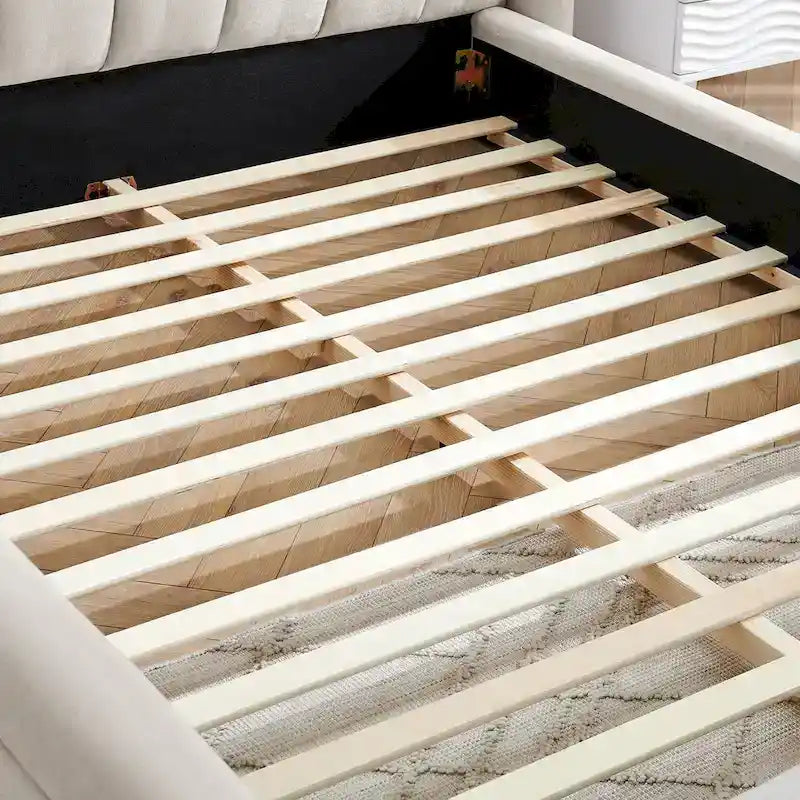 Chenille Fabric Grounded Bed, Thick Fabric Upholstered Bedframe Queen Size Low Wingback Bed with Solid Wood Slat Support Frame