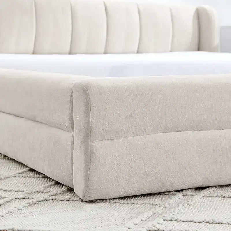 Chenille Fabric Grounded Bed, Thick Fabric Upholstered Bedframe Queen Size Low Wingback Bed with Solid Wood Slat Support Frame