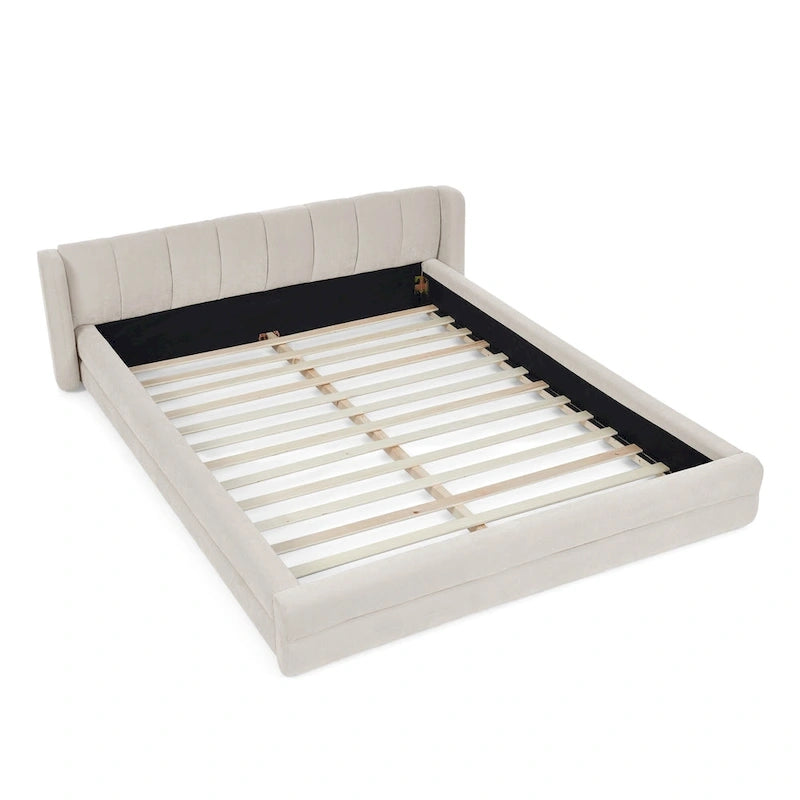 Chenille Fabric Grounded Bed, Thick Fabric Upholstered Bedframe Queen Size Low Wingback Bed with Solid Wood Slat Support Frame