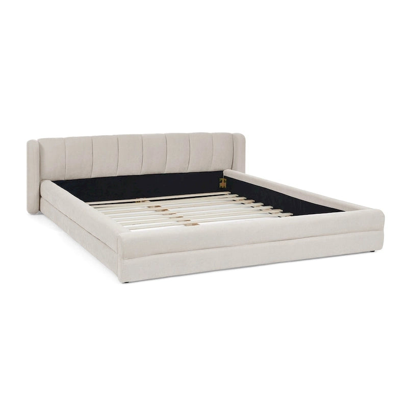 Chenille Fabric Grounded Bed, Thick Fabric Upholstered Bedframe Queen Size Low Wingback Bed with Solid Wood Slat Support Frame