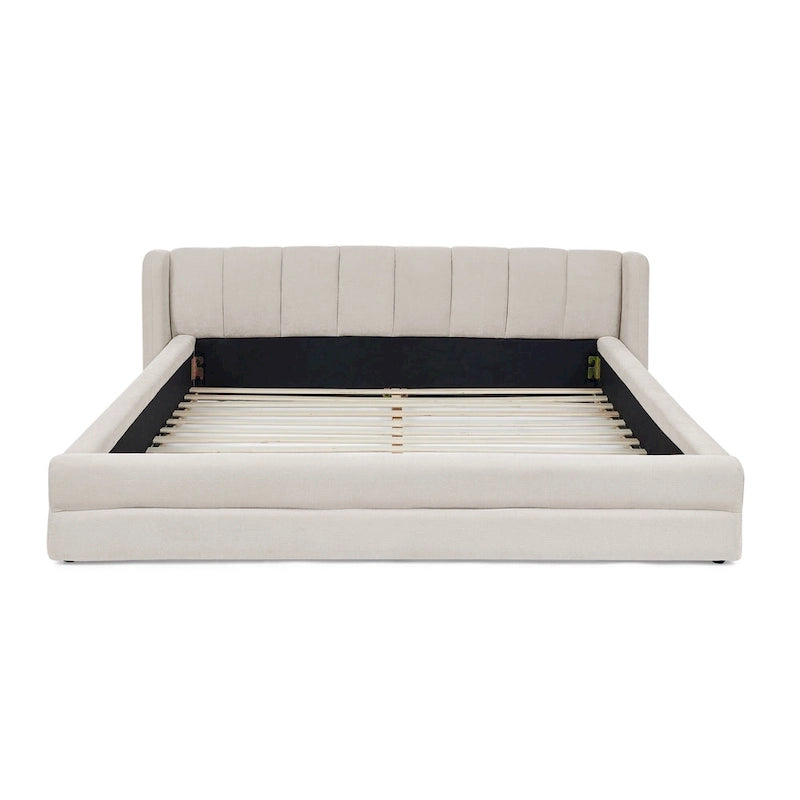 Chenille Fabric Grounded Bed, Thick Fabric Upholstered Bedframe Queen Size Low Wingback Bed with Solid Wood Slat Support Frame