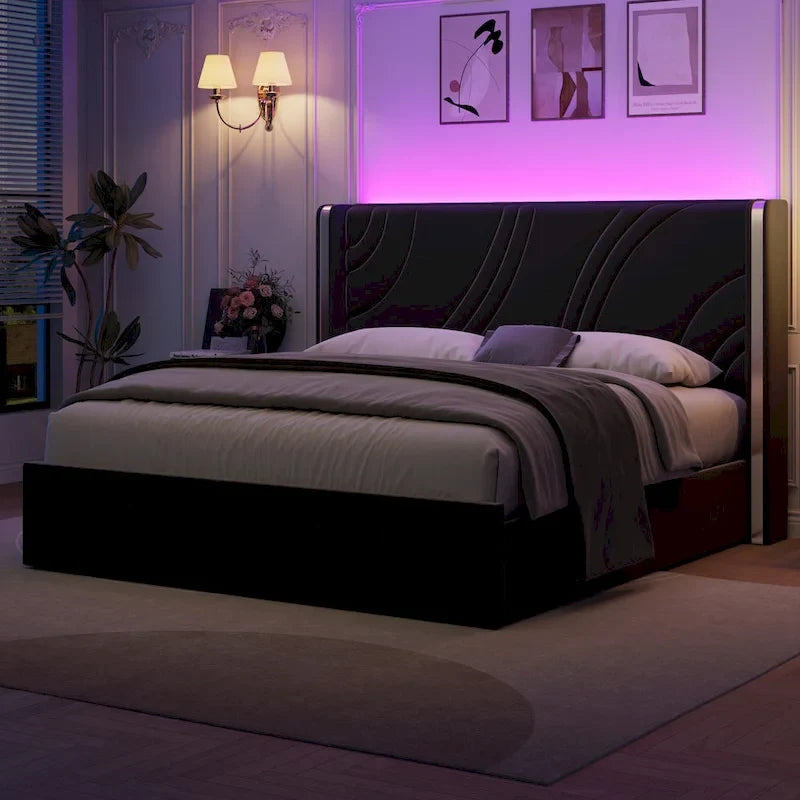 Velvet Upholstered Platform Bed with Smart Ambient Strip Lights Wingback Headboard, and Endbed Pull-out Storage Drawers