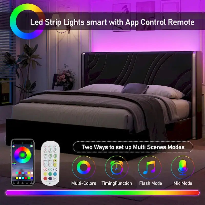 Velvet Upholstered Platform Bed with Smart Ambient Strip Lights Wingback Headboard, and Endbed Pull-out Storage Drawers