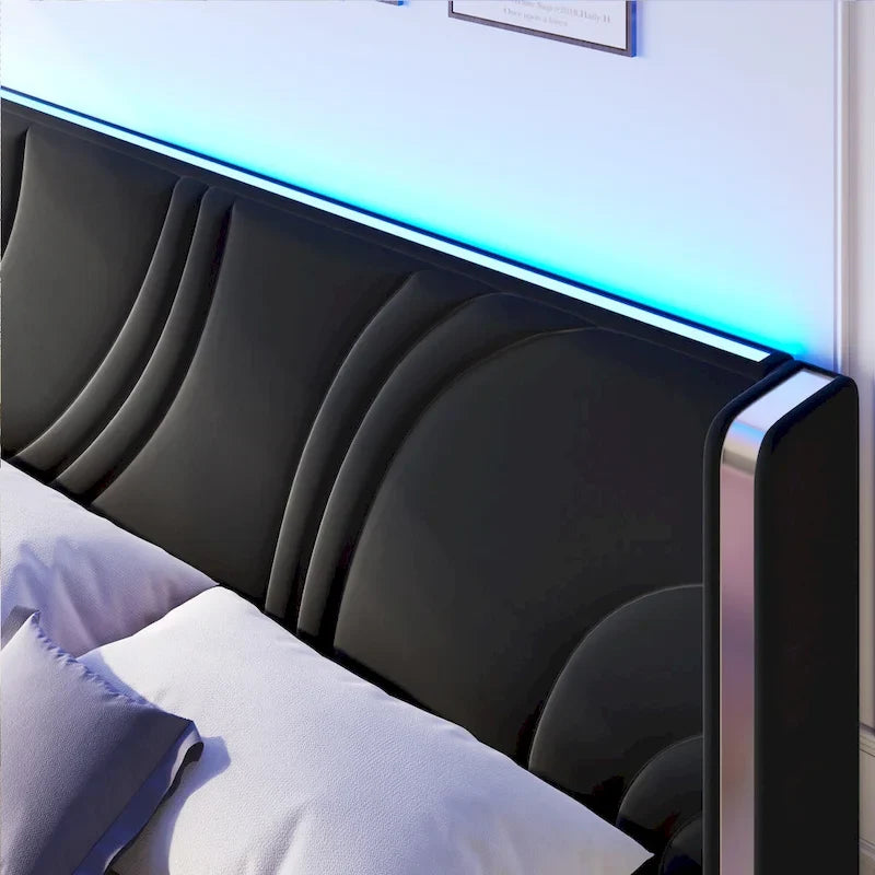 Velvet Upholstered Platform Bed with Smart Ambient Strip Lights Wingback Headboard, and Endbed Pull-out Storage Drawers
