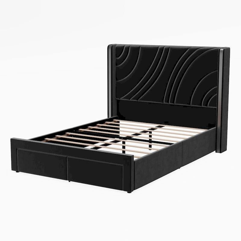 Velvet Upholstered Platform Bed with Smart Ambient Strip Lights Wingback Headboard, and Endbed Pull-out Storage Drawers