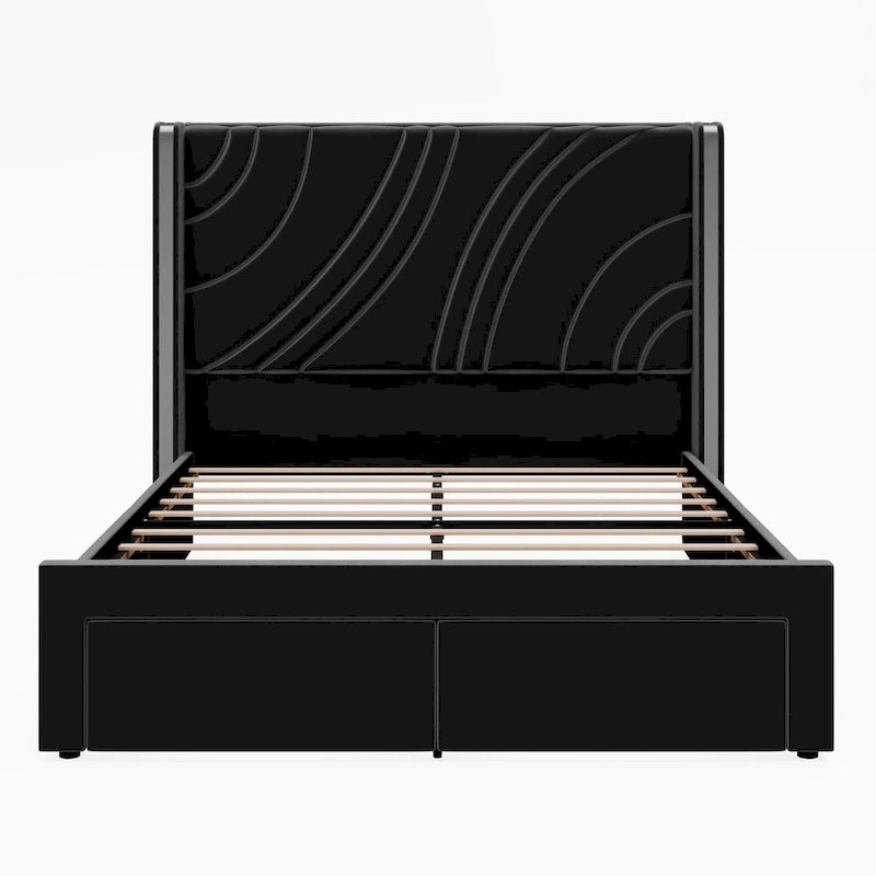 Velvet Upholstered Platform Bed with Smart Ambient Strip Lights Wingback Headboard, and Endbed Pull-out Storage Drawers