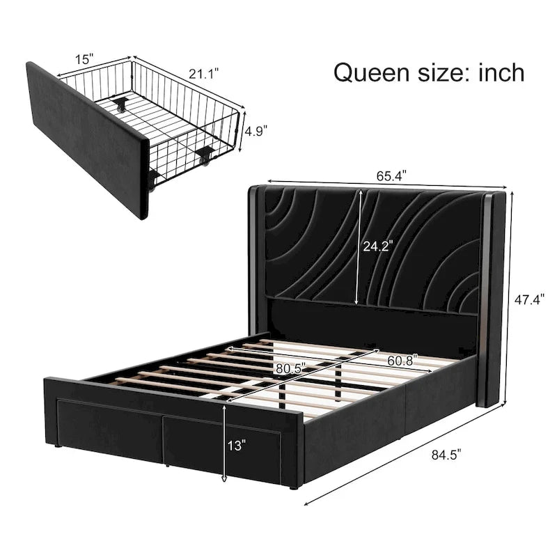 Velvet Upholstered Platform Bed with Smart Ambient Strip Lights Wingback Headboard, and Endbed Pull-out Storage Drawers