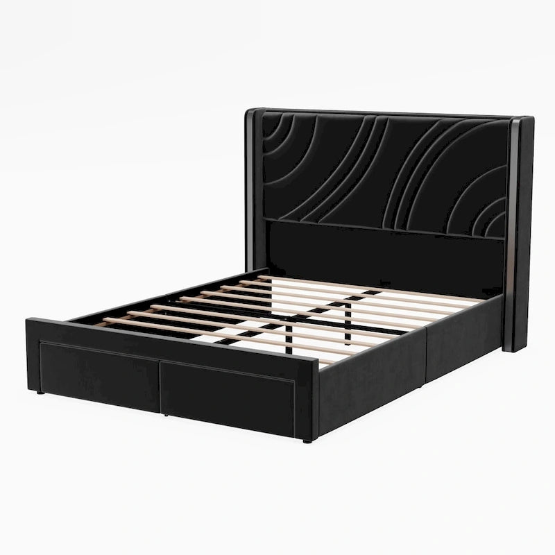 Velvet Upholstered Platform Bed with Smart Ambient Strip Lights Wingback Headboard, and Endbed Pull-out Storage Drawers
