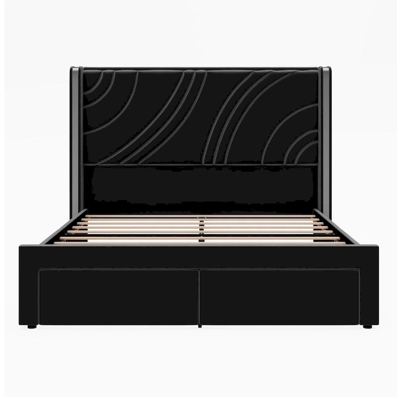 Velvet Upholstered Platform Bed with Smart Ambient Strip Lights Wingback Headboard, and Endbed Pull-out Storage Drawers