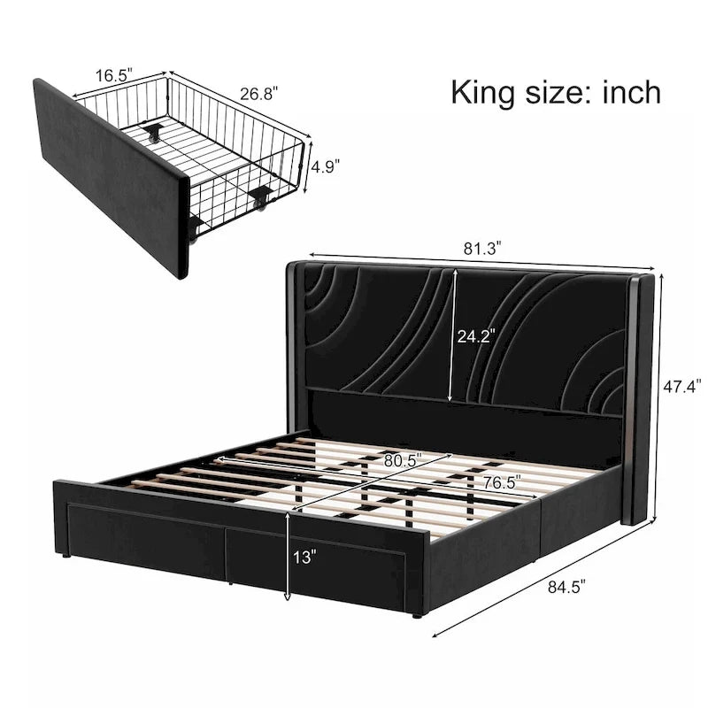 Velvet Upholstered Platform Bed with Smart Ambient Strip Lights Wingback Headboard, and Endbed Pull-out Storage Drawers