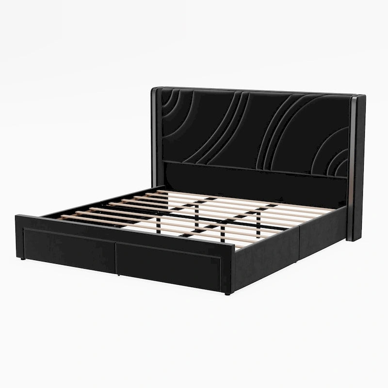 Velvet Upholstered Platform Bed with Smart Ambient Strip Lights Wingback Headboard, and Endbed Pull-out Storage Drawers