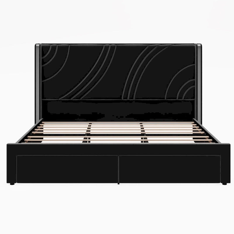 Velvet Upholstered Platform Bed with Smart Ambient Strip Lights Wingback Headboard, and Endbed Pull-out Storage Drawers