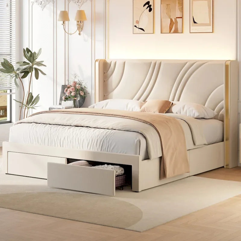 Velvet Upholstered Platform Bed with Smart Ambient Strip Lights Wingback Headboard, and Endbed Pull-out Storage Drawers