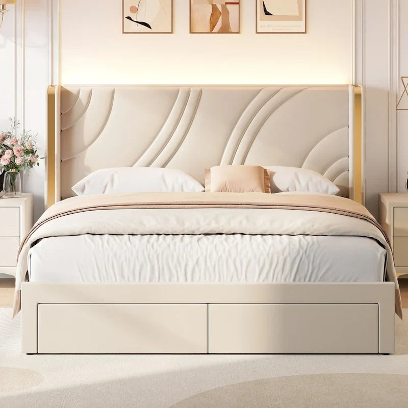 Velvet Upholstered Platform Bed with Smart Ambient Strip Lights Wingback Headboard, and Endbed Pull-out Storage Drawers