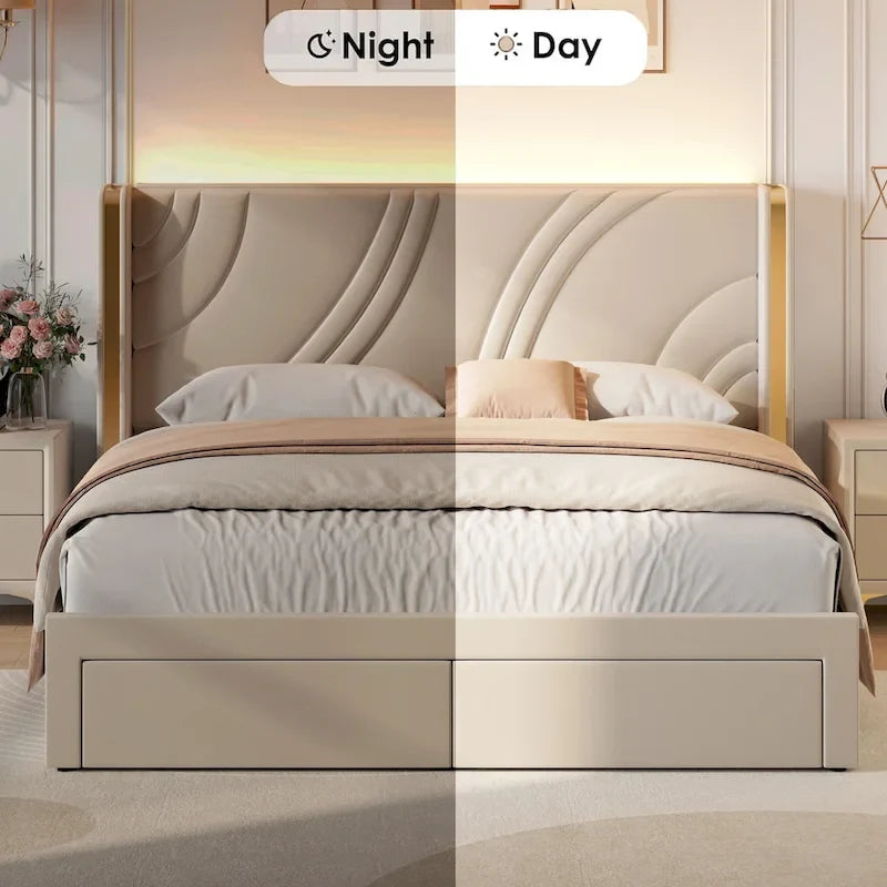 Velvet Upholstered Platform Bed with Smart Ambient Strip Lights Wingback Headboard, and Endbed Pull-out Storage Drawers