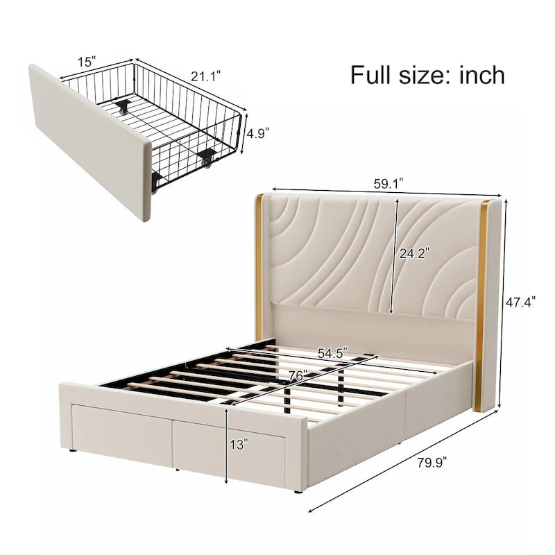 Velvet Upholstered Platform Bed with Smart Ambient Strip Lights Wingback Headboard, and Endbed Pull-out Storage Drawers