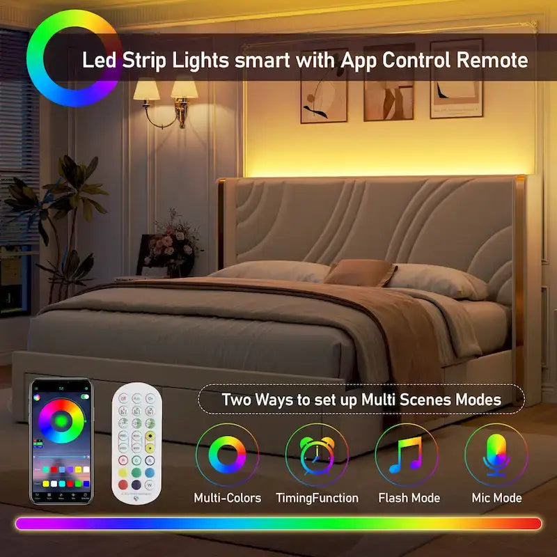 Velvet Upholstered Platform Bed with Smart Ambient Strip Lights Wingback Headboard, and Endbed Pull-out Storage Drawers
