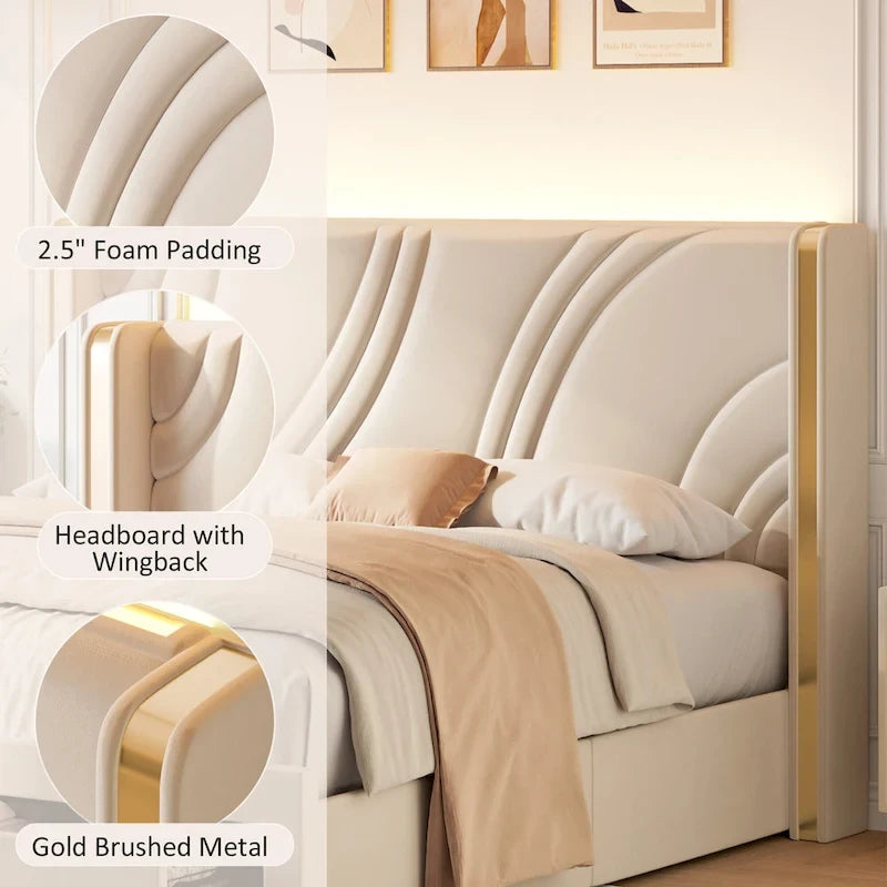 Velvet Upholstered Platform Bed with Smart Ambient Strip Lights Wingback Headboard, and Endbed Pull-out Storage Drawers