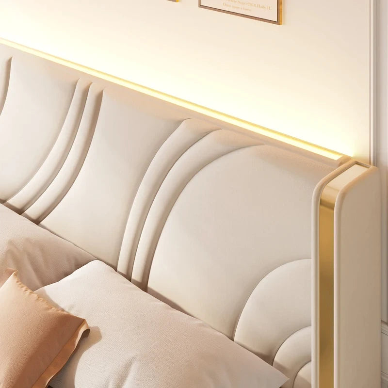 Velvet Upholstered Platform Bed with Smart Ambient Strip Lights Wingback Headboard, and Endbed Pull-out Storage Drawers