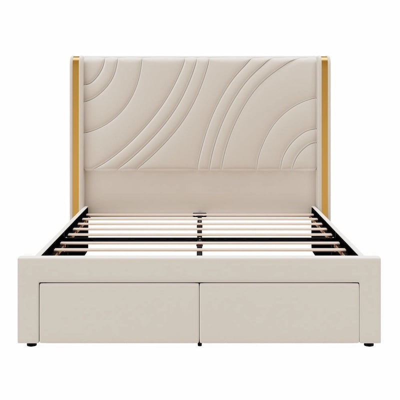 Velvet Upholstered Platform Bed with Smart Ambient Strip Lights Wingback Headboard, and Endbed Pull-out Storage Drawers