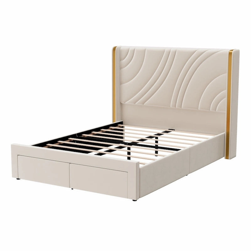 Velvet Upholstered Platform Bed with Smart Ambient Strip Lights Wingback Headboard, and Endbed Pull-out Storage Drawers