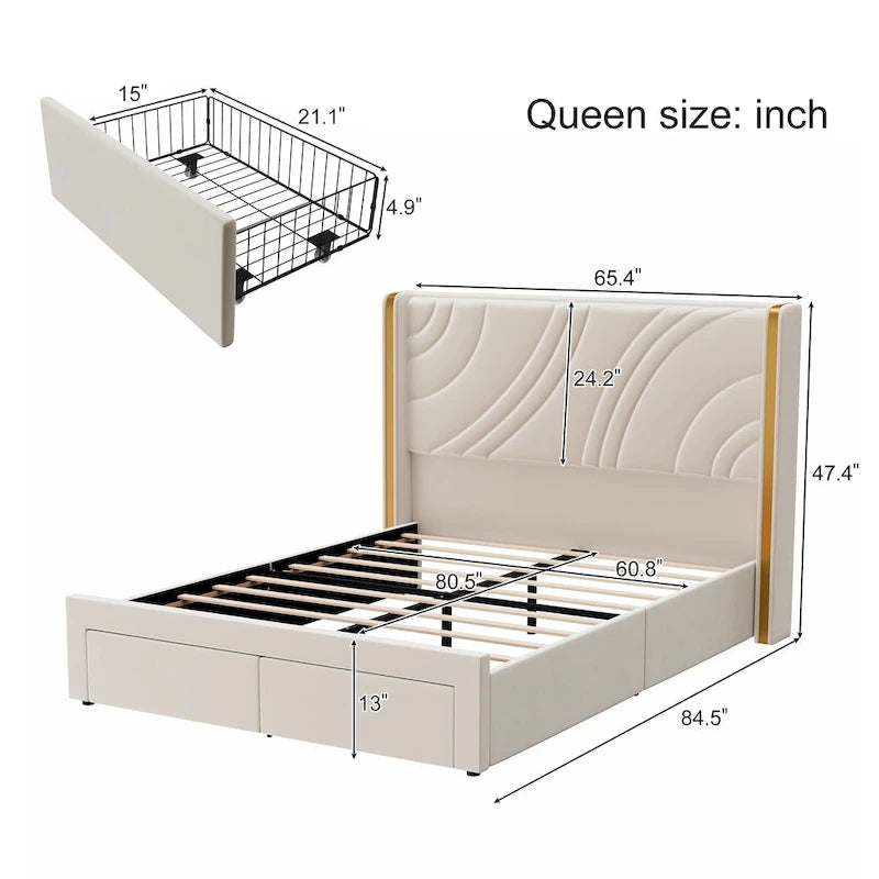 Velvet Upholstered Platform Bed with Smart Ambient Strip Lights Wingback Headboard, and Endbed Pull-out Storage Drawers
