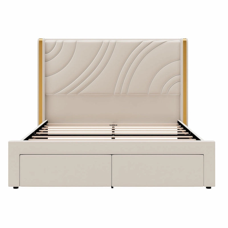Velvet Upholstered Platform Bed with Smart Ambient Strip Lights Wingback Headboard, and Endbed Pull-out Storage Drawers
