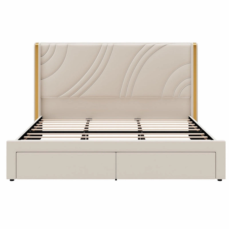 Velvet Upholstered Platform Bed with Smart Ambient Strip Lights Wingback Headboard, and Endbed Pull-out Storage Drawers