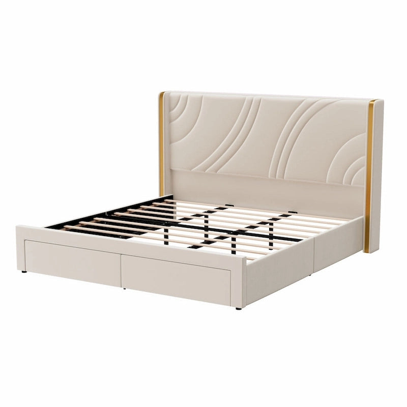 Velvet Upholstered Platform Bed with Smart Ambient Strip Lights Wingback Headboard, and Endbed Pull-out Storage Drawers