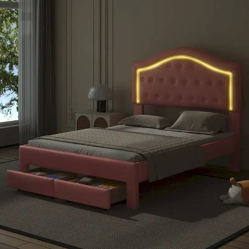 Upholstered Platform Bed with Tufted Headboard, LED and Two Drawers for Bedroom