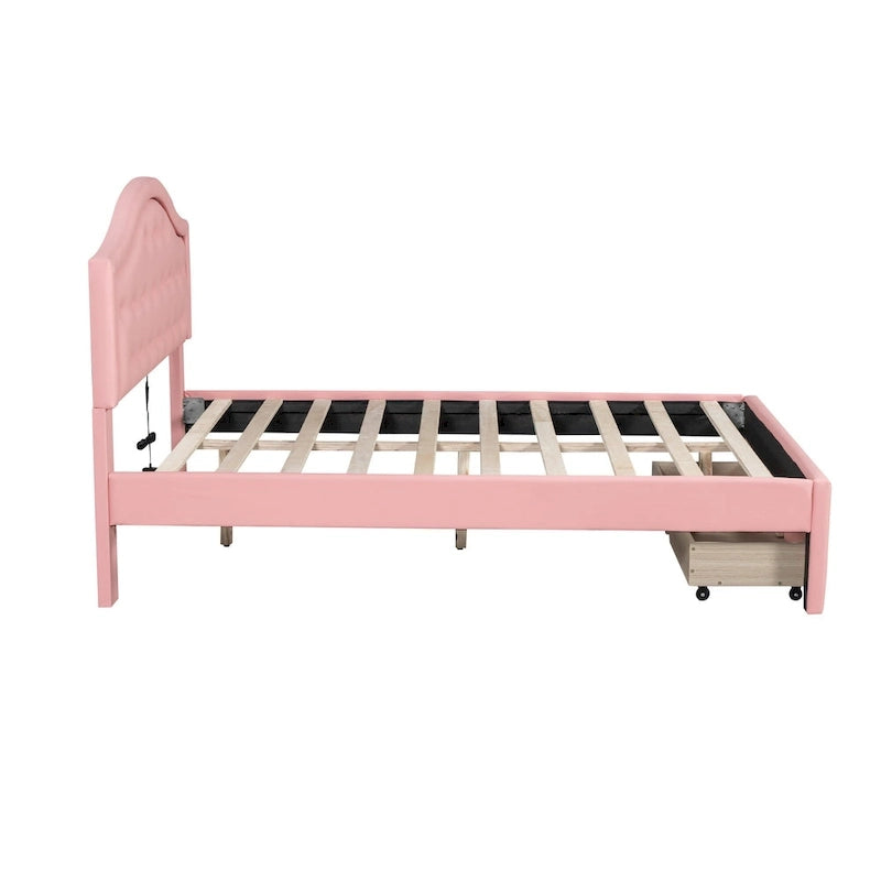 Upholstered Platform Bed with Tufted Headboard, LED and Two Drawers for Bedroom