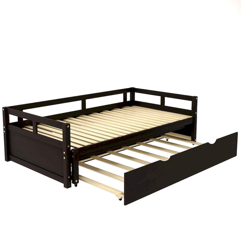 Black Extendable Twin Pine Daybed with Trundle - Sturdy Frame and Slat Kit Included