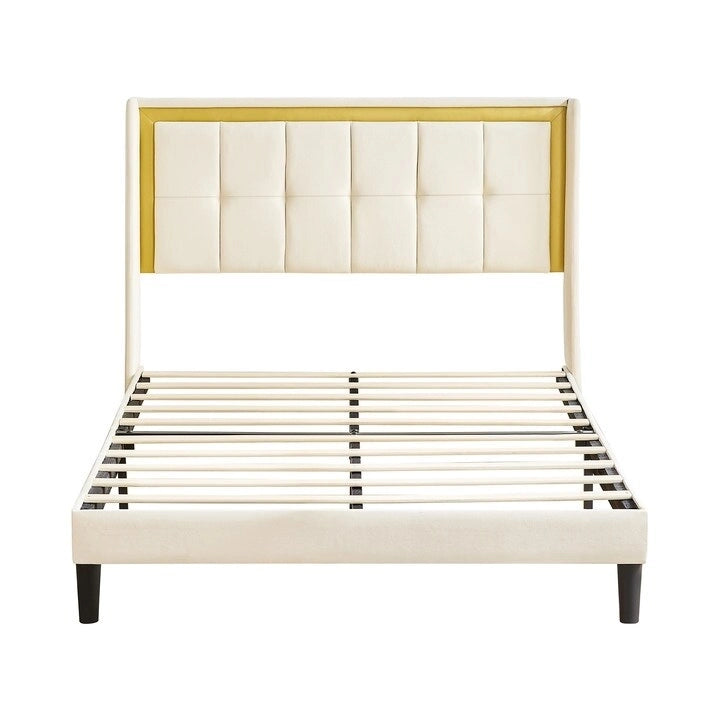 White Queen Size Upholstered Platform Bed Frame with Headboard, Sturdy Wooden Slats, High Load-Bearing Capacity