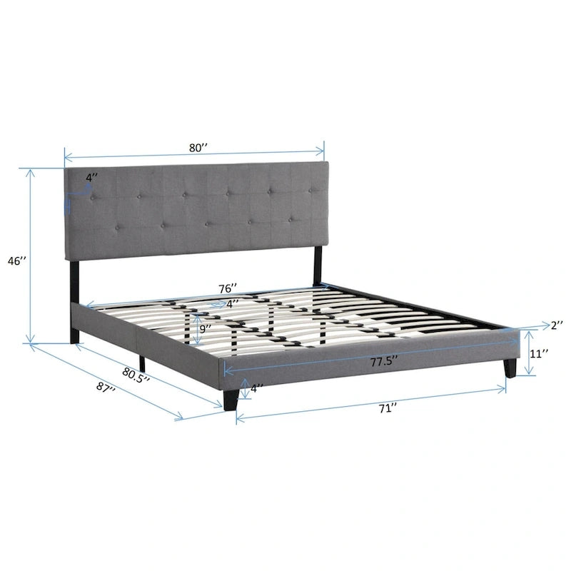 Grey King Linen Bed with Tufted Headboard